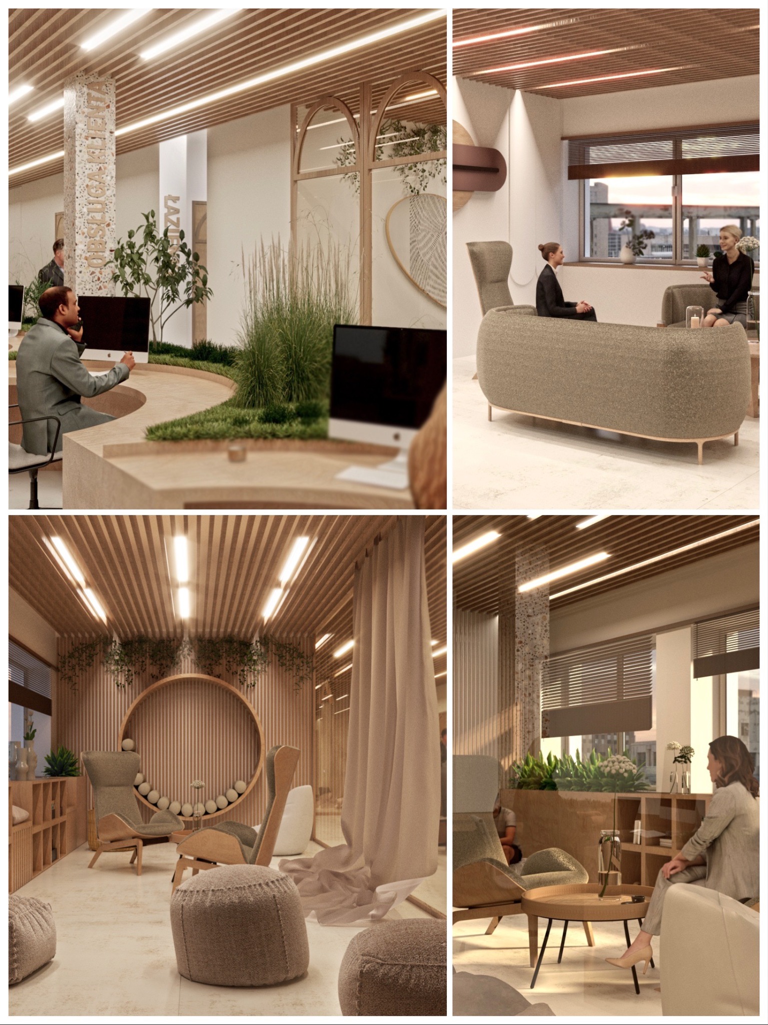 Wnętrze nowoczesnego biura z drewnianym sufitem, zielenią wzdłuż biurek, eleganckimi meblami w odcieniach beżu i szarości, oraz strefą relaksu z okrągłym motywem dekoracyjnym i wygodnymi fotelami.