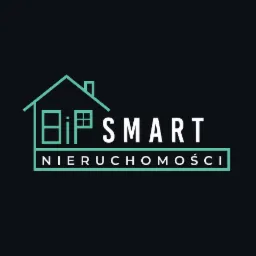 Minimalistyczne logo firmy 'SMART Nieruchomości' w kolorze turkusowym, przedstawiające obrys domu z dwoma oknami i kominem, umieszczone nad napisem 'NIERUCHOMOŚCI'.