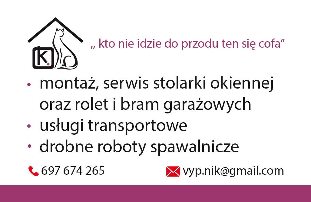 Grafika reklamowa firmy oferującej montaż i serwis stolarki okiennej, rolet i bram garażowych, z logo przedstawiającym kota siedzącego w domku, numerem telefonu i adresem e-mail.