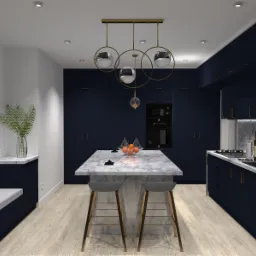Wizualizacja kuchni w odcieniach granatu z marmurowym blatem wyspy, oświetleniem wiszącym w stylu glamour i drewnianą podłogą.