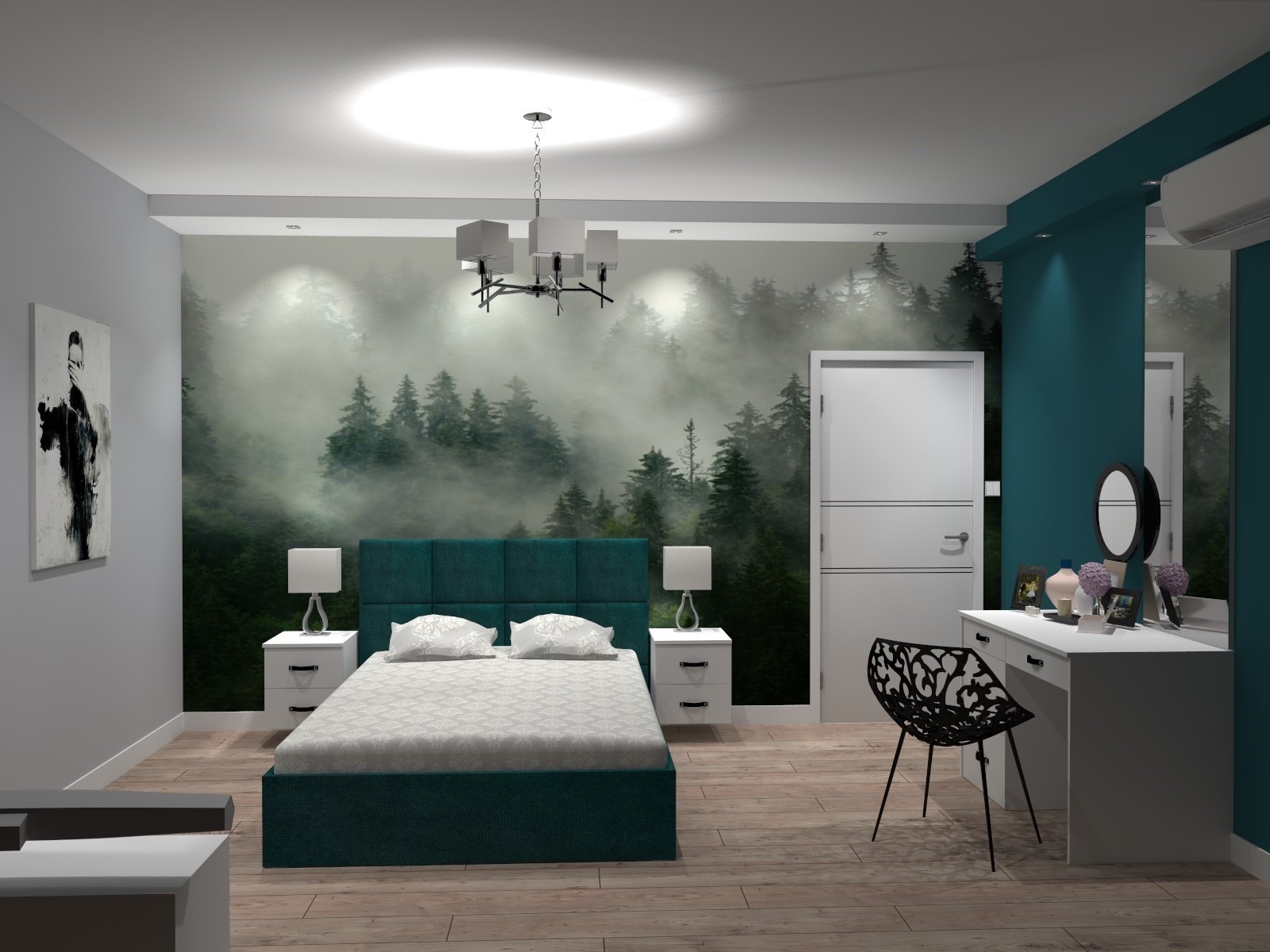 Wizualizacja sypialni z łóżkiem z zielonym zagłówkiem na tle fototapety z motywem mglistego lasu, białe szafki nocne i toaletka z czarnym krzesłem.