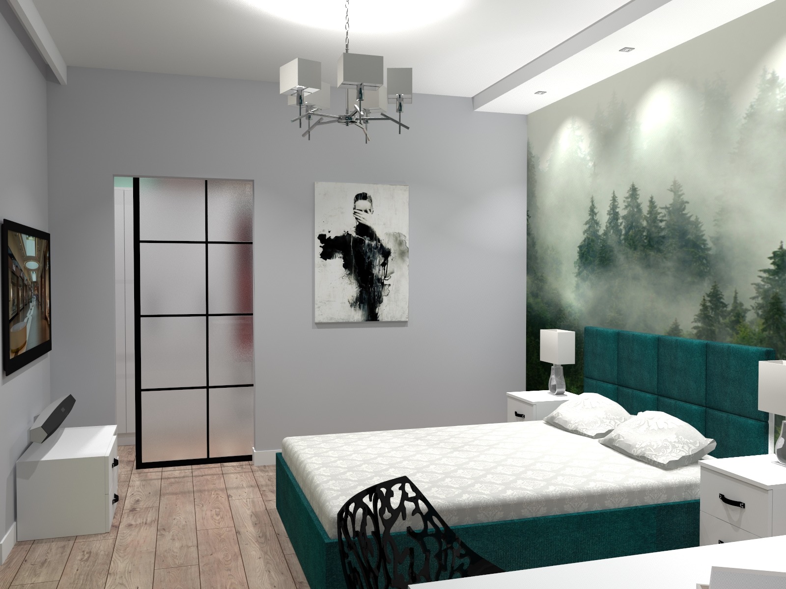 Wizualizacja sypialni z łóżkiem z zielonym zagłówkiem, tapetą z motywem lasu we mgle, obrazem abstrakcyjnym i nowoczesną lampą wiszącą.