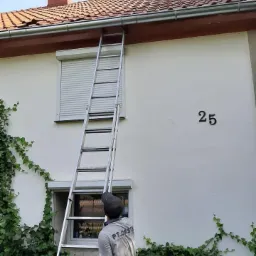 Pracownik na drabinie oparty o budynek z ceramiczną dachówką i metalowymi rynnami, widoczne pnącza bluszczu.