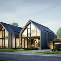 Nowoczesny dom jednorodzinny z dwuspadowym dachem i panelami słonecznymi, widok z zewnątrz na elewację z dużymi przeszkleniami i garażem, otoczony zielenią.