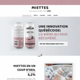 Strona internetowa marki Miettes, prezentująca piwo rzemieślnicze z dodatkiem chleba, z widocznymi puszkami piwa z etykietami w kolorze pastelowego różu i szarości, oraz sekcją z informacjami...