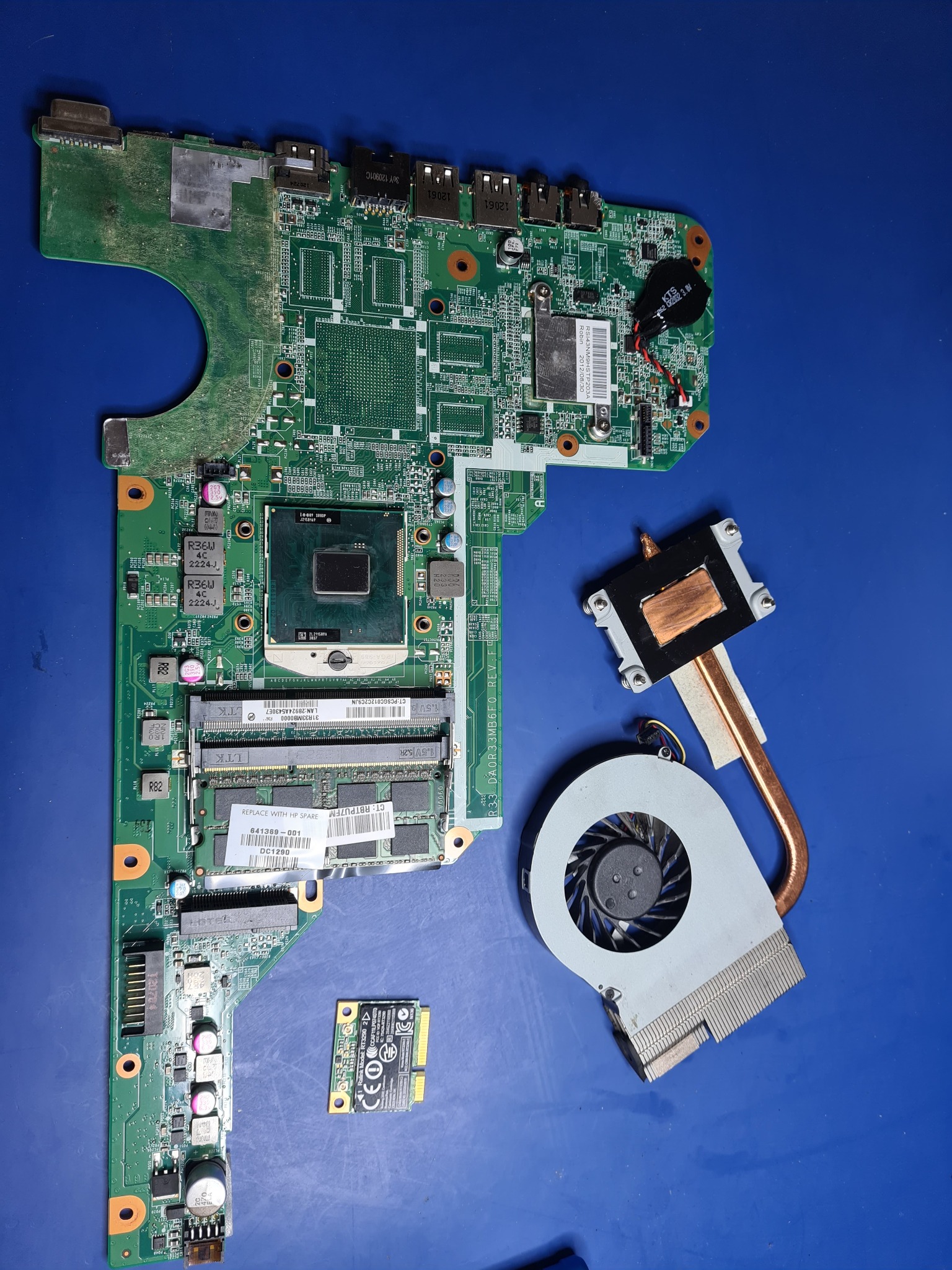 Płyta główna laptopa HP z odłączonym radiatorem, wentylatorem i kartą sieciową, widoczne gniazda RAM i procesor, całość na niebieskim tle.