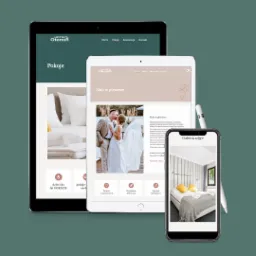 Prezentacja responsywnego projektu strony internetowej hotelu na tablecie i smartfonie, z widoczną ofertą ślubną i galerią zdjęć pokoi.