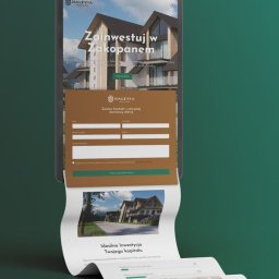 Branduchy Studio Brandingowe - Tablet prezentuje stronę internetową z formularzem kontaktowym i ofertą inwestycji w Zakopanem. Nowy Sącz. Minimalistyczny design, stonowana kolorystyka.