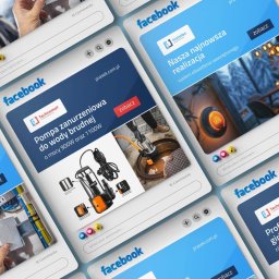 Branduchy Studio Brandingowe - Mockup postów Facebooka prezentujących realizacje: instalacja elektryczna, pompa zanurzeniowa i oświetlenie wewnętrzne. Układ kafelkowy, widok z góry.