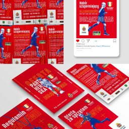 Branduchy Studio Brandingowe - Zestawienie ulotek i postów w mediach społecznościowych Akademii Techniki Kaszów, promujących nabór i ofertę sportową, z elementami graficznymi i logotypami.