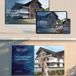 Branduchy Studio Brandingowe - Reklama apartamentów inwestycyjnych Castel w Czorsztynie, widoczna na monitorze, tablecie, smartfonie i billboardzie z przechodzącą osobą. Wizualizacja budynku.