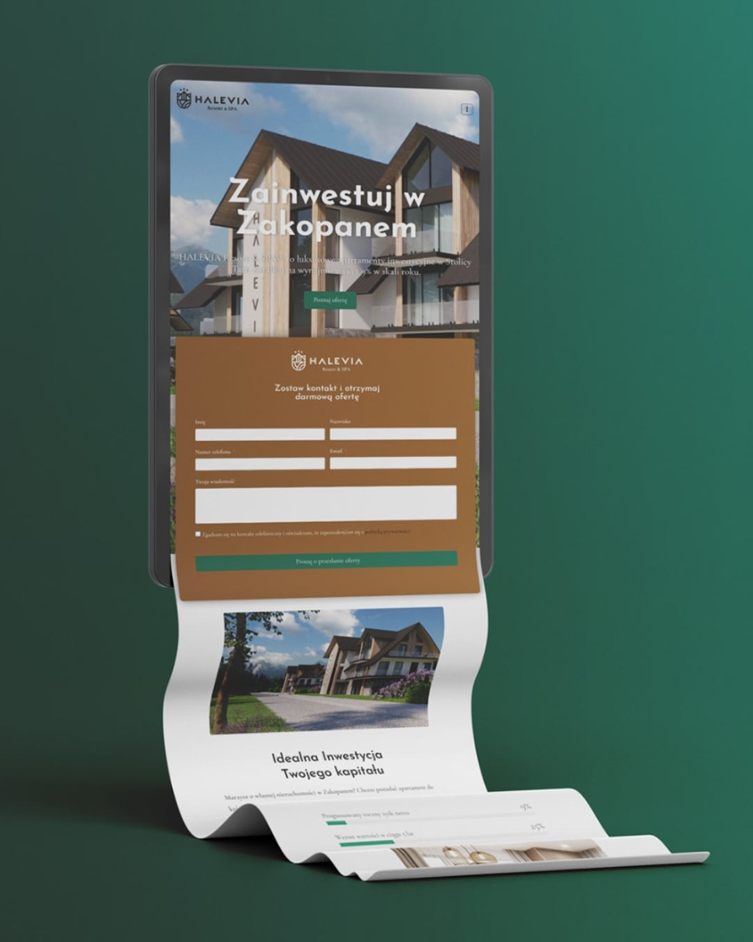 Tablet prezentuje stronę internetową z formularzem kontaktowym i ofertą inwestycji w Zakopanem. Nowy Sącz. Minimalistyczny design, stonowana kolorystyka.