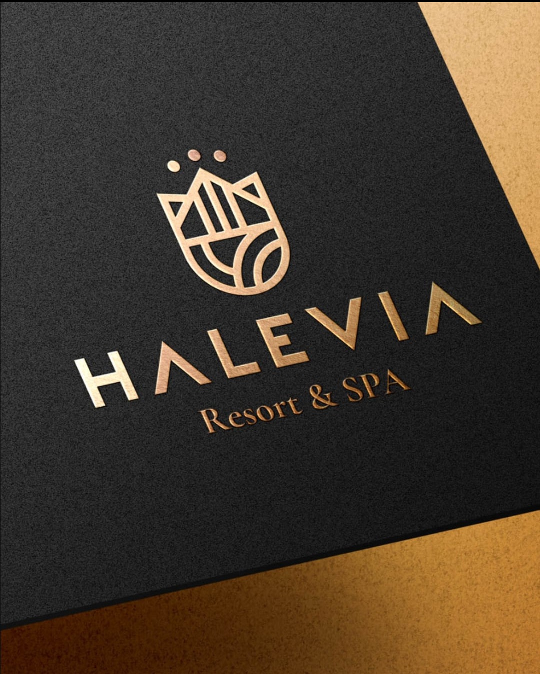 Złote logo 'HALEVIA Resort & SPA' z abstrakcyjnym symbolem na czarnym, teksturowanym tle, sfotografowane pod kątem, z widocznym fragmentem złotego tła.