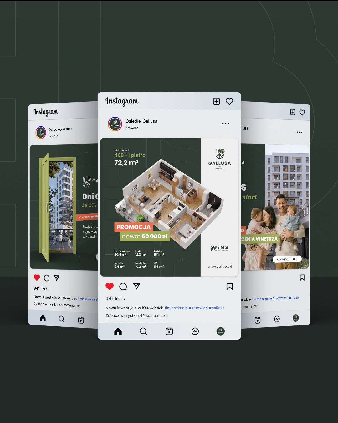 Trzy posty z Instagrama osiedla Gallusa w Katowicach. Widoczne wizualizacje mieszkań, plany mieszkań i zdjęcia rodzinne. Promocja na nowe inwestycje.