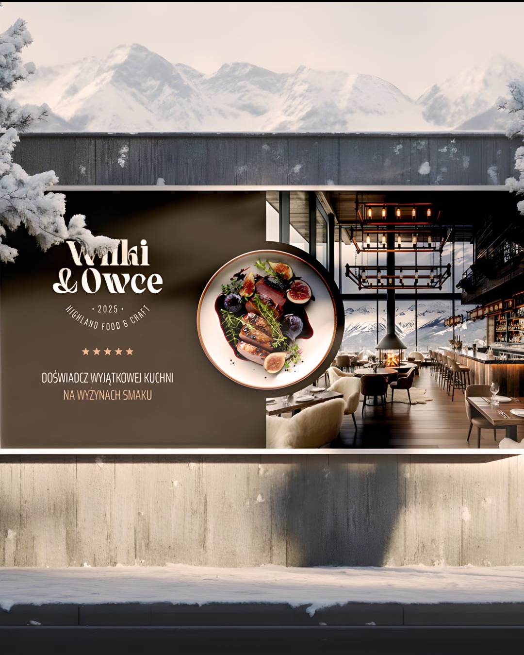 Billboard z wizualizacją restauracji 'Wiki & Owce' z górskim krajobrazem w tle. Na pierwszym planie danie z figami i mięsem. Całość w zimowej scenerii.