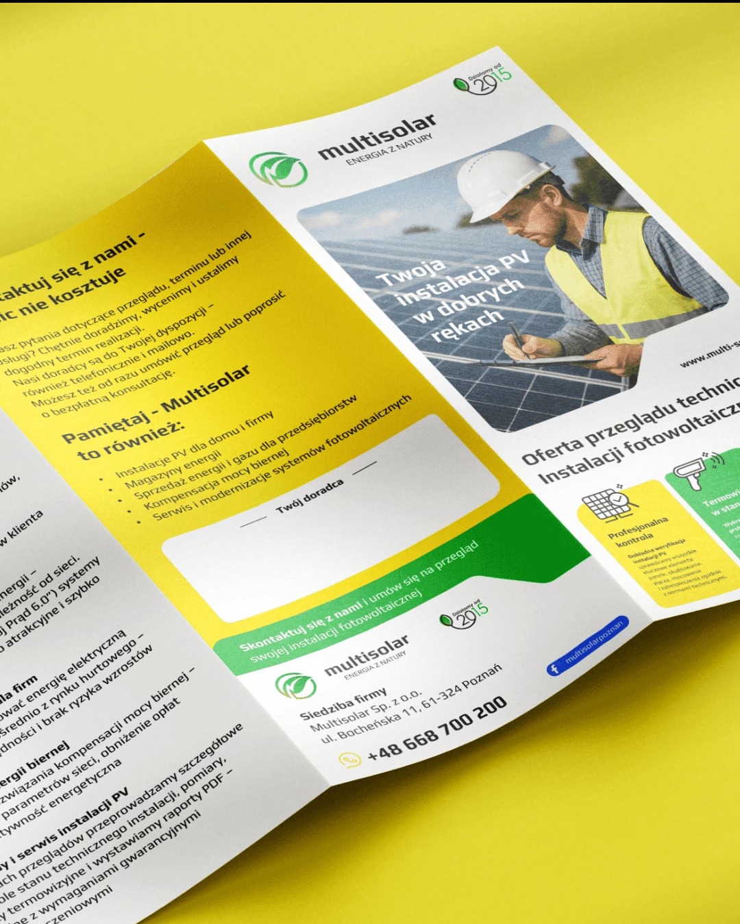 Ulotka reklamowa Multisolar z instalatorem PV, prezentująca ofertę przeglądu i montażu instalacji fotowoltaicznych. Widoczny kontakt i adres firmy.