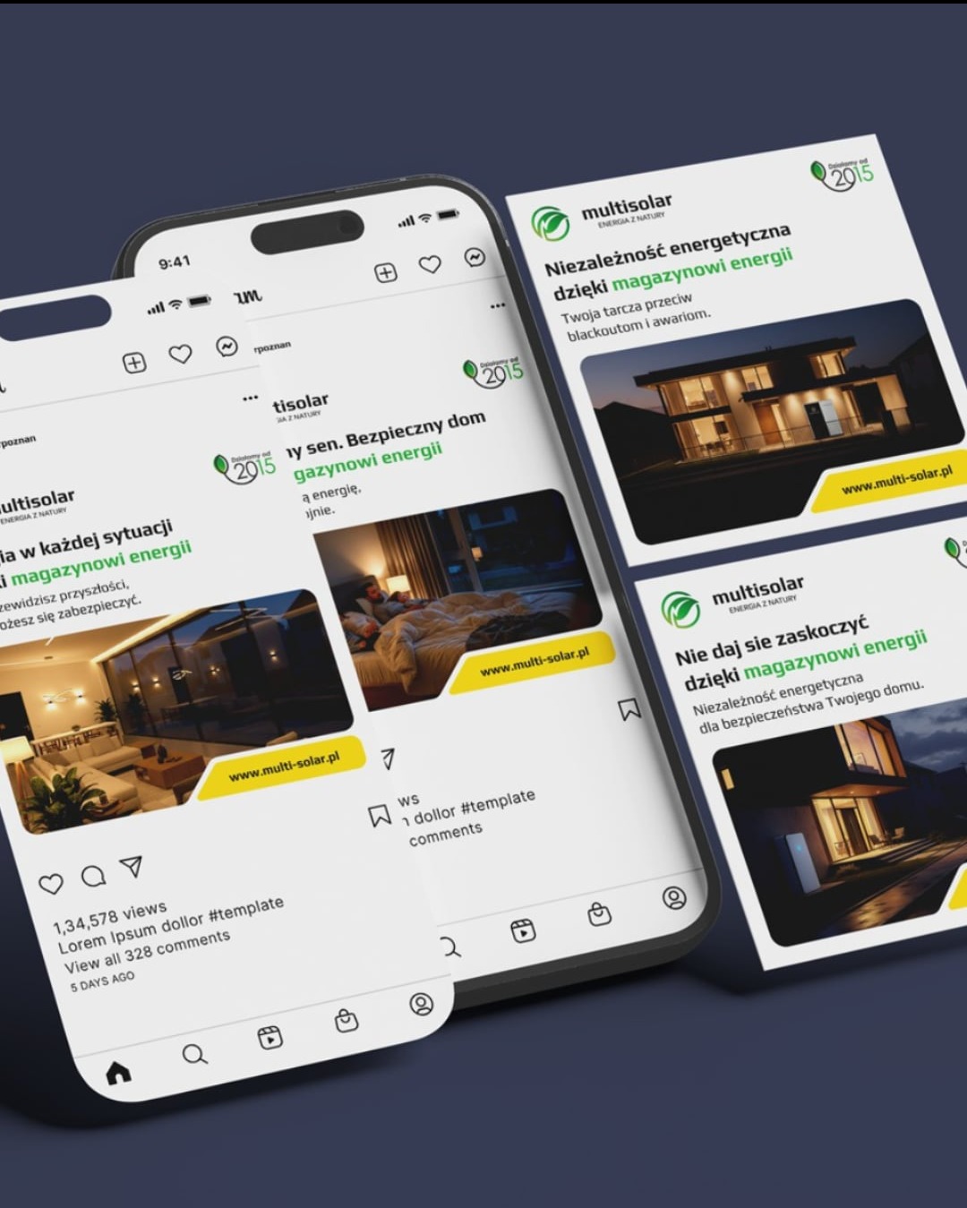 Prezentacja postów firmy Multisolar na smartfonie i kartach. Grafiki z hasłami o magazynach energii i niezależności energetycznej, wizualizacje domów.