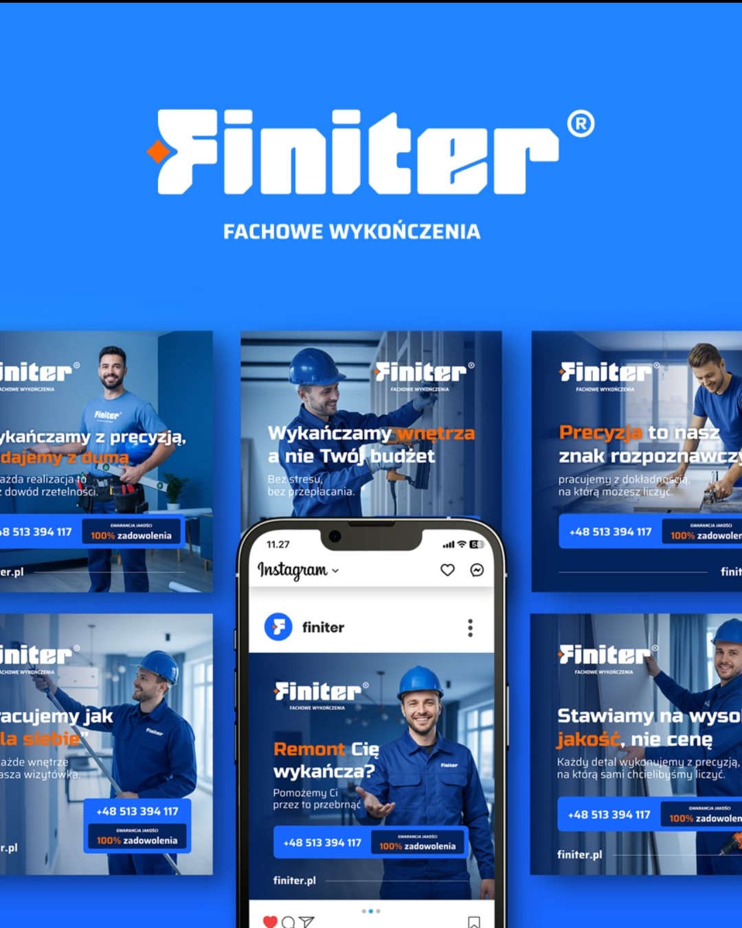 Reklama firmy Finiter na Instagramie, prezentująca usługi wykończeniowe. Na ekranie smartfona widoczny post z hasłem 'Remont Cię wykańcza?'