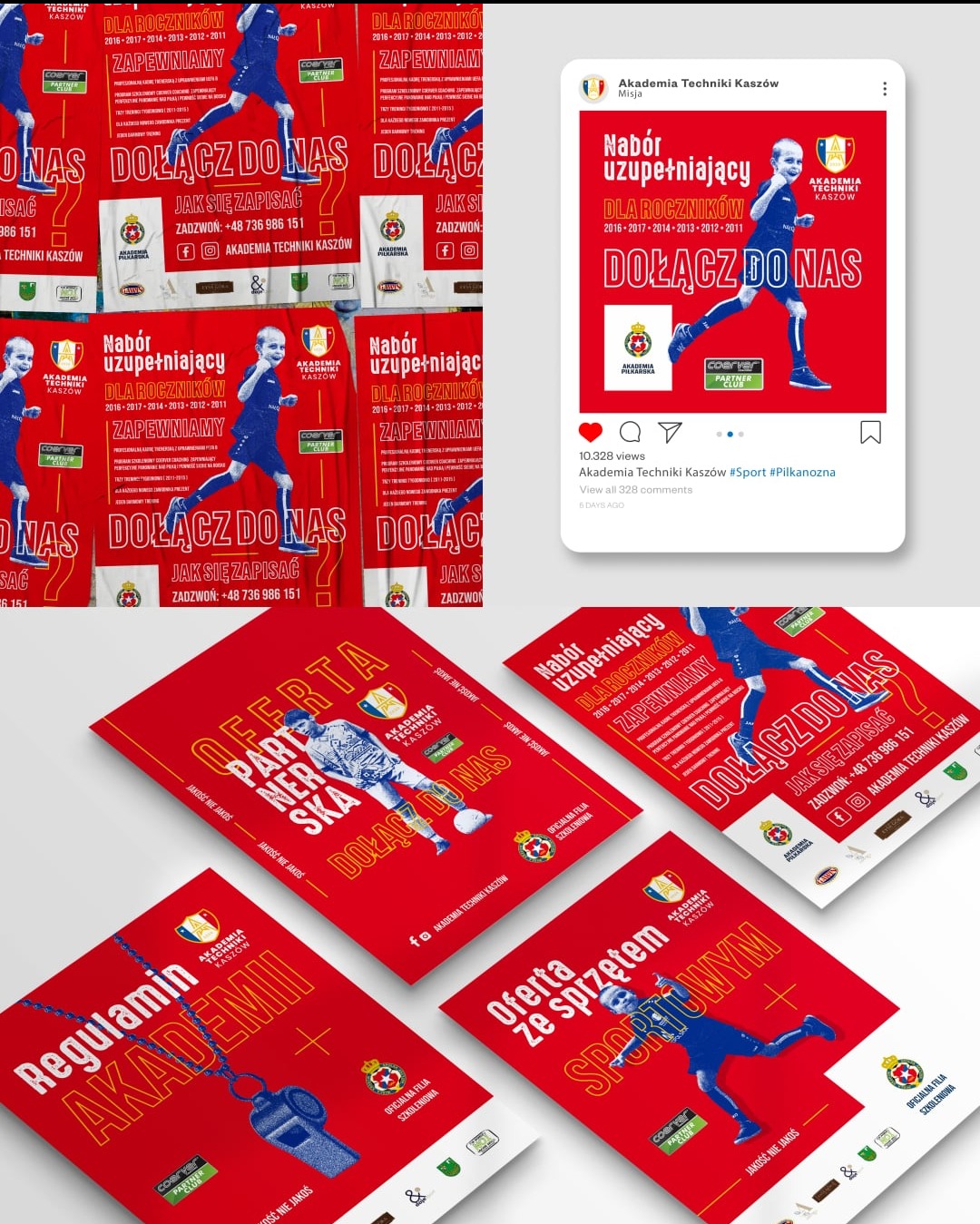 Zestawienie ulotek i postów w mediach społecznościowych Akademii Techniki Kaszów, promujących nabór i ofertę sportową, z elementami graficznymi i logotypami.