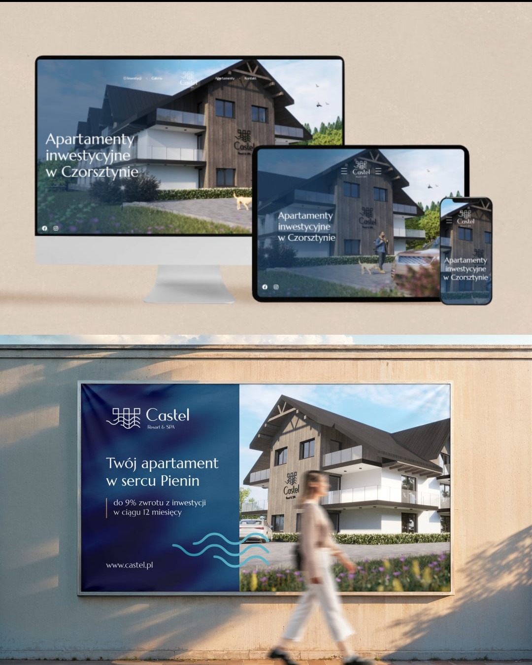 Reklama apartamentów inwestycyjnych Castel w Czorsztynie, widoczna na monitorze, tablecie, smartfonie i billboardzie z przechodzącą osobą. Wizualizacja budynku.