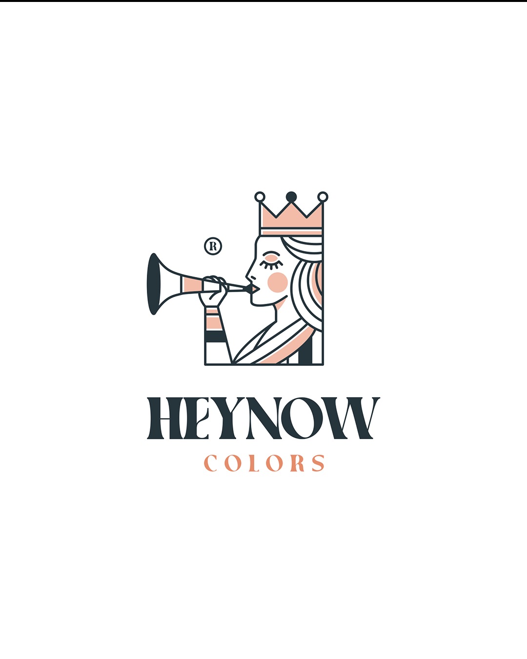 Elegancki logotyp z wizerunkiem królowej z trąbką, w pastelowych barwach, z nazwą firmy 'HEYNOW COLORS' poniżej. Minimalistyczny design na białym tle.