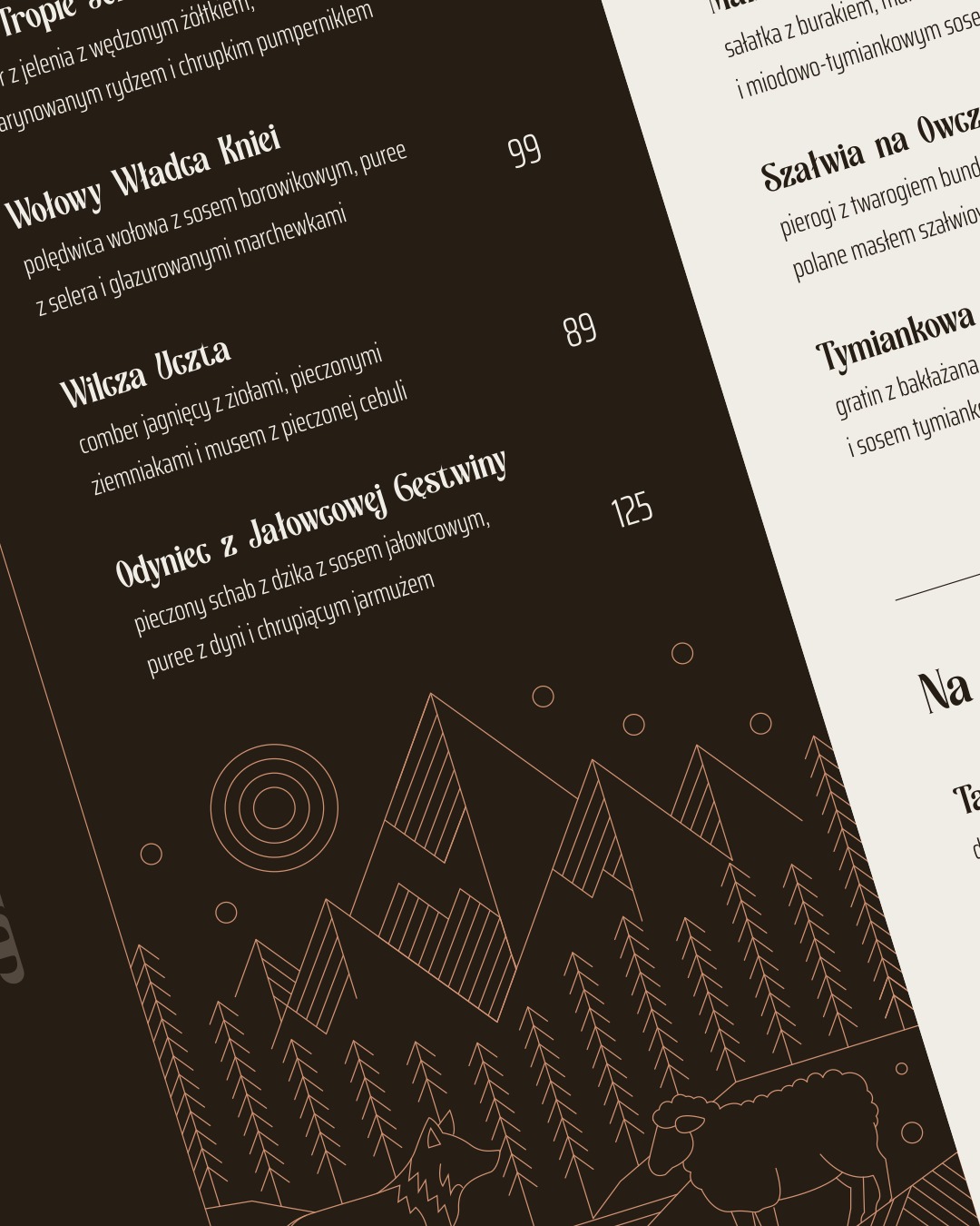 Menu restauracji z ilustracją górskiego krajobrazu i owiec, utrzymane w stonowanej kolorystyce brązu i beżu, z wyraźnie widocznymi nazwami dań i cenami.