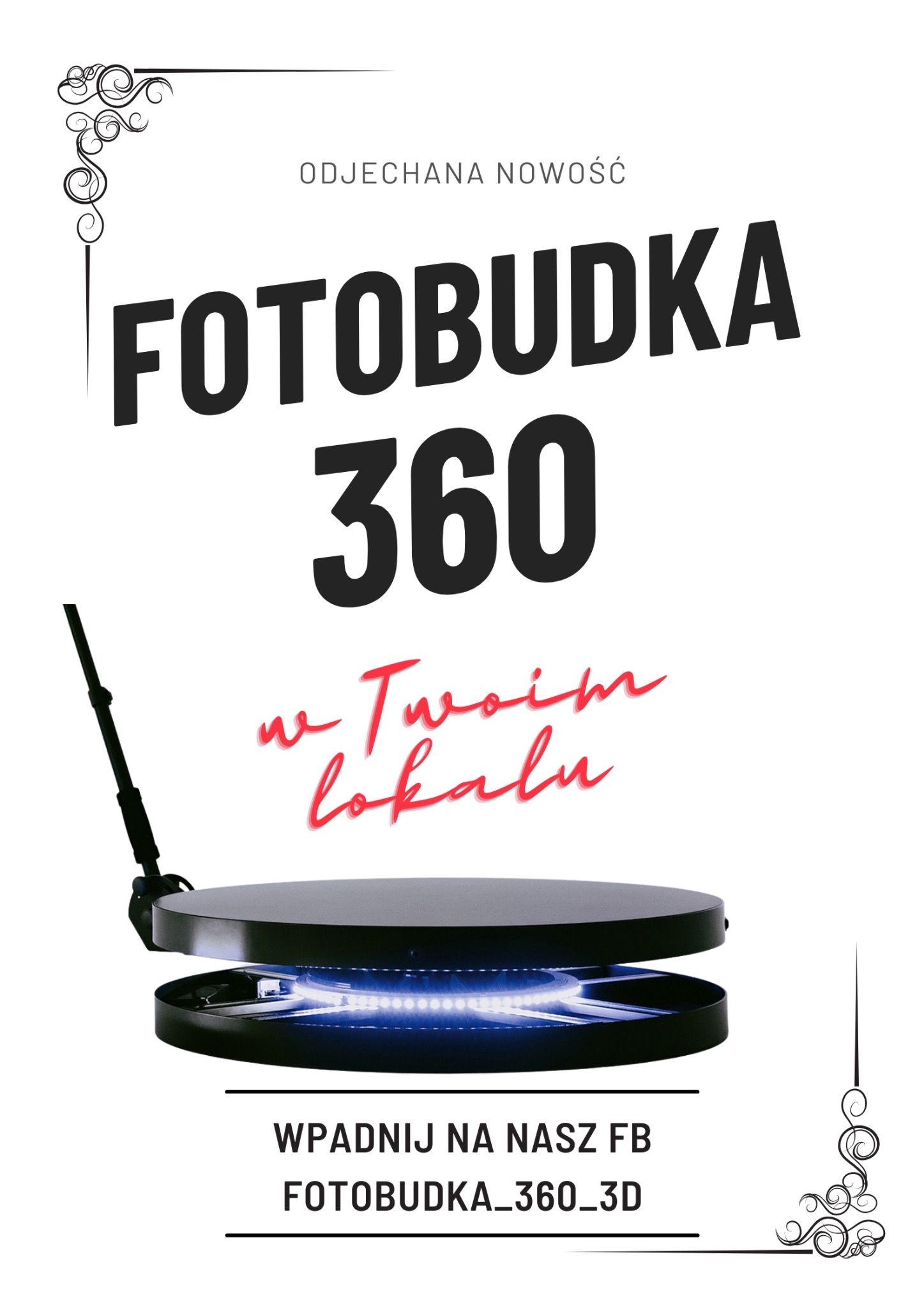 Grafika reklamowa prezentująca model obrotowej platformy z ramieniem do nagrywania wideo, oświetloną niebieskimi diodami LED. Na białym tle, w czcionce szeryfowej napis 'ODJECHANA NOWOŚĆ', poniżej...