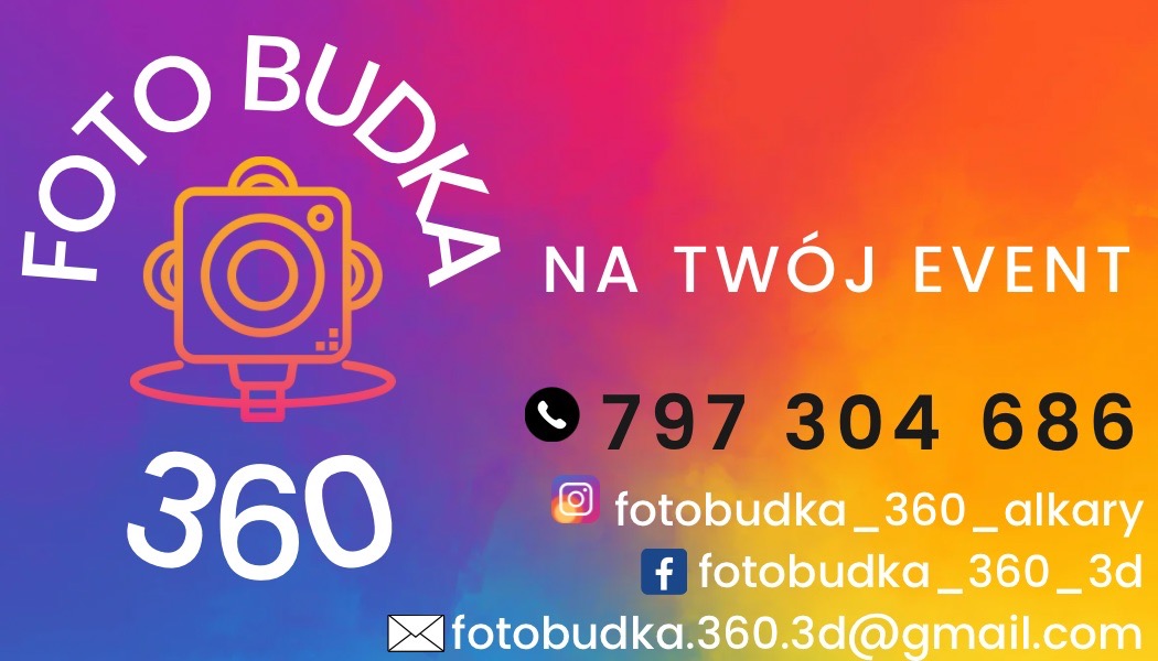 Kolorowa grafika reklamowa z ikoną kamery 360, numerem telefonu, adresami mediów społecznościowych i hasłem 'Na Twój Event'.