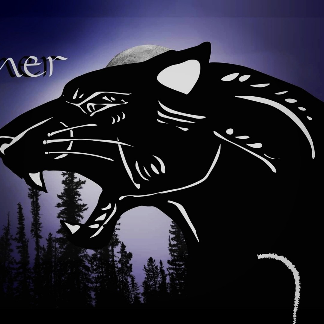 Stylizowana, czarna sylwetka pantery z białymi detalami na tle nocnego lasu i księżyca, z napisem 'ner' w górnym lewym rogu.