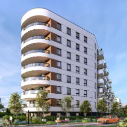 Wizualizacja nowoczesnego, białego apartamentowca z zaokrąglonymi balkonami i drewnianymi akcentami, otoczonego zielenią i niską roślinnością, z pomarańczowym samochodem i spacerującymi osobami w tle.