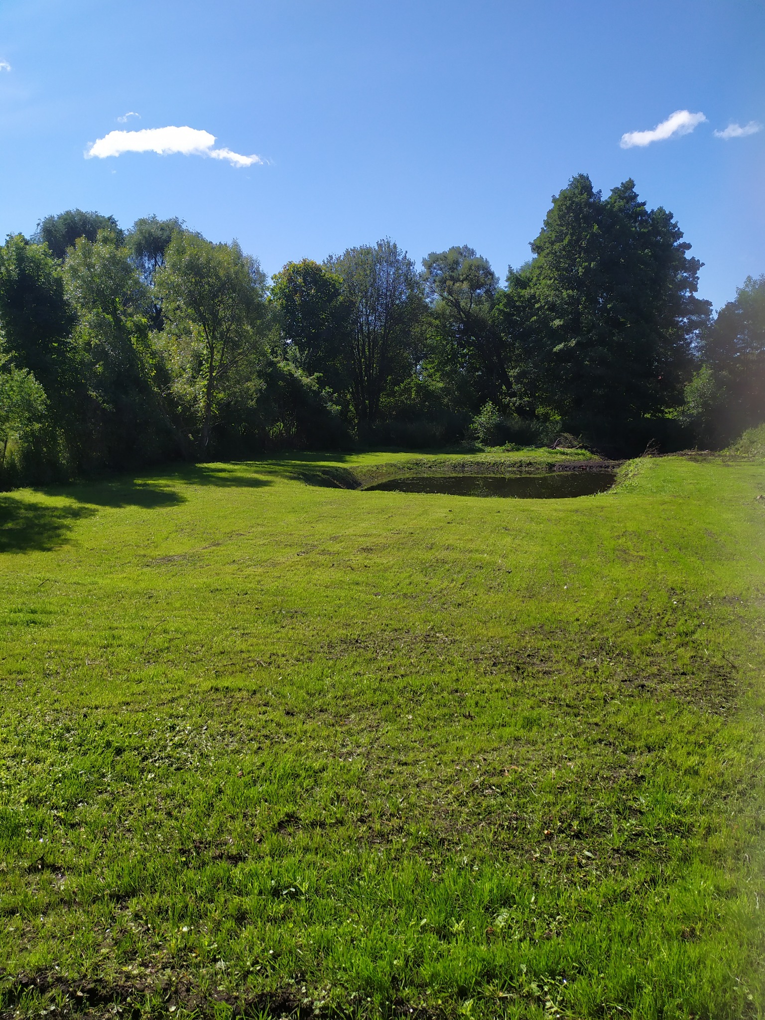 Wykonany staw w zielonym otoczeniu z drzewami i błękitnym niebem z pojedynczą chmurą, widoczne ślady po pracy maszyn na trawie.