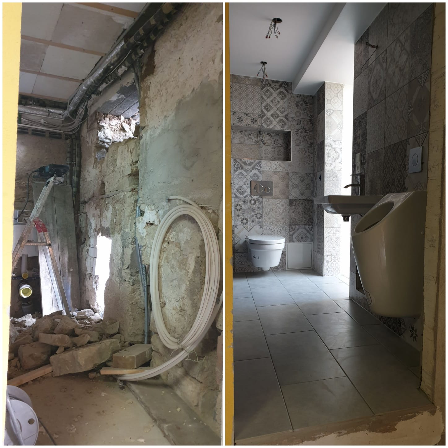 Porównanie stanu łazienki przed i po: surowa ściana z odsłoniętą instalacją i gruzem kontra wykończona łazienka z mozaikową glazurą, umywalką i toaletą.
