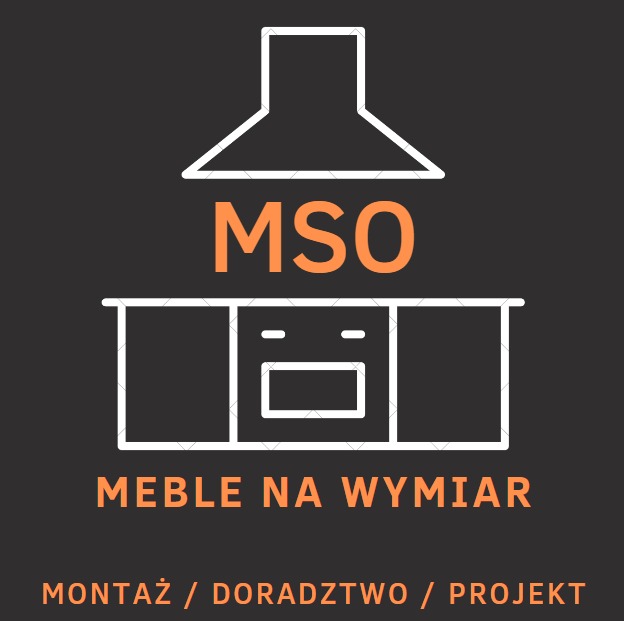 Grafika wektorowa przedstawiająca zarys mebli kuchennych z okapem, napis MSO w kolorze pomarańczowym, poniżej napis 'Meble na wymiar' oraz 'Montaż / Doradztwo / Projekt' na ciemnoszarym tle.