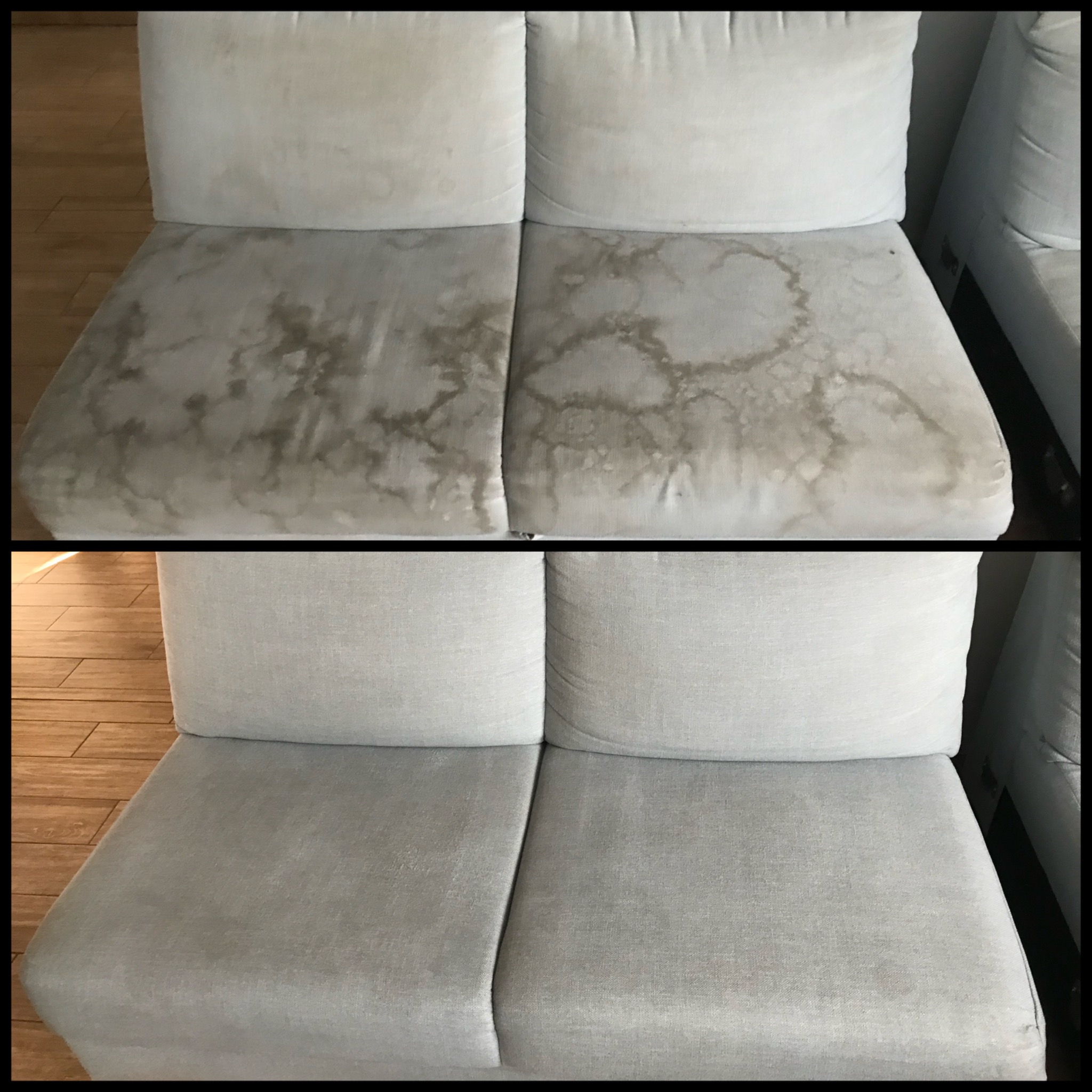 Porównanie: górny kadr przedstawia bardzo zabrudzoną, jasną kanapę z widocznymi plamami i zaciekami; dolny kadr pokazuje tę samą kanapę po czyszczeniu - tapicerka jest czysta i odświeżona.