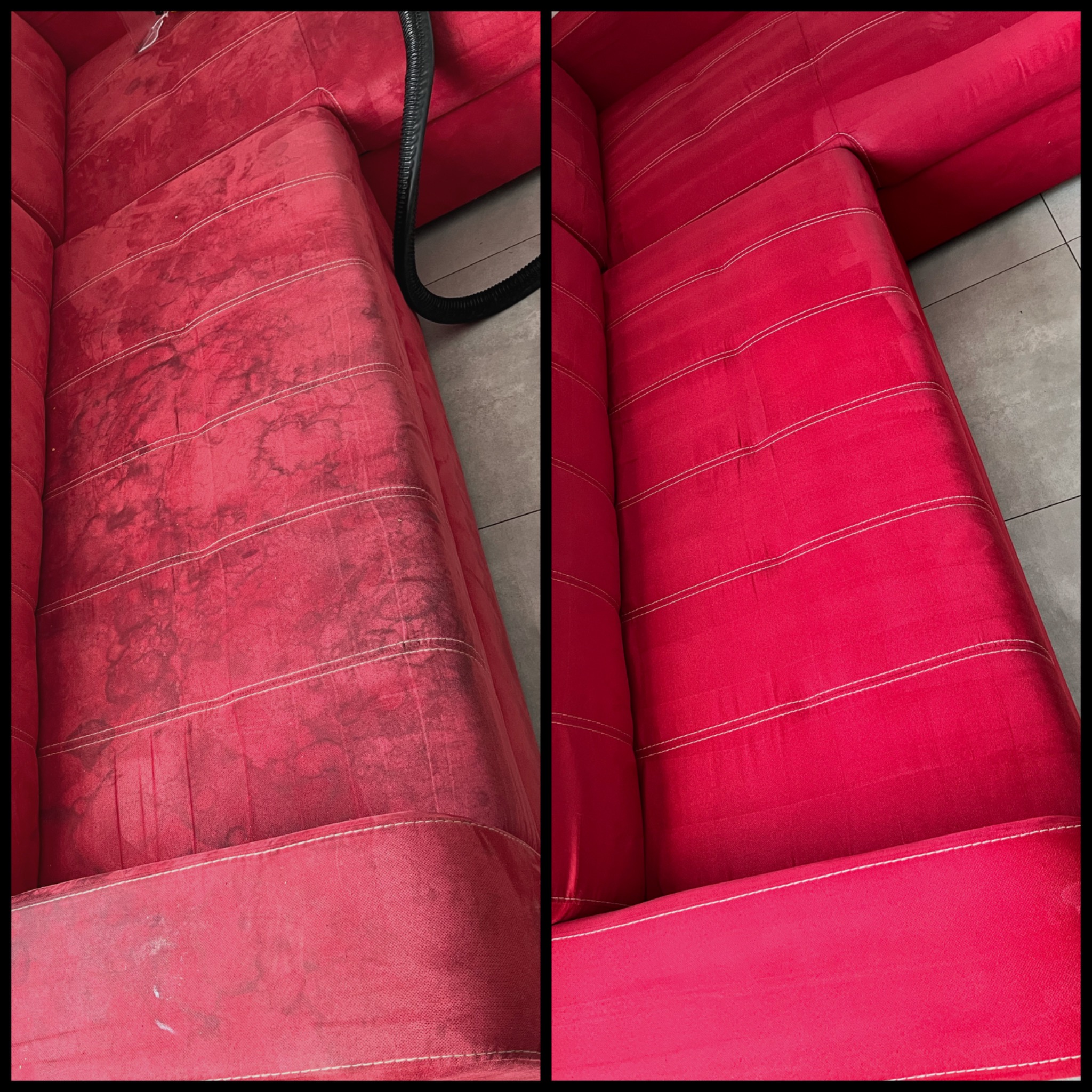 Czerwona sofa z widoczną różnicą przed i po czyszczeniu tapicerki, po lewej stronie widoczne plamy i zabrudzenia, po prawej czysta powierzchnia z jasnymi przeszyciami, obok węża odkurzacza.