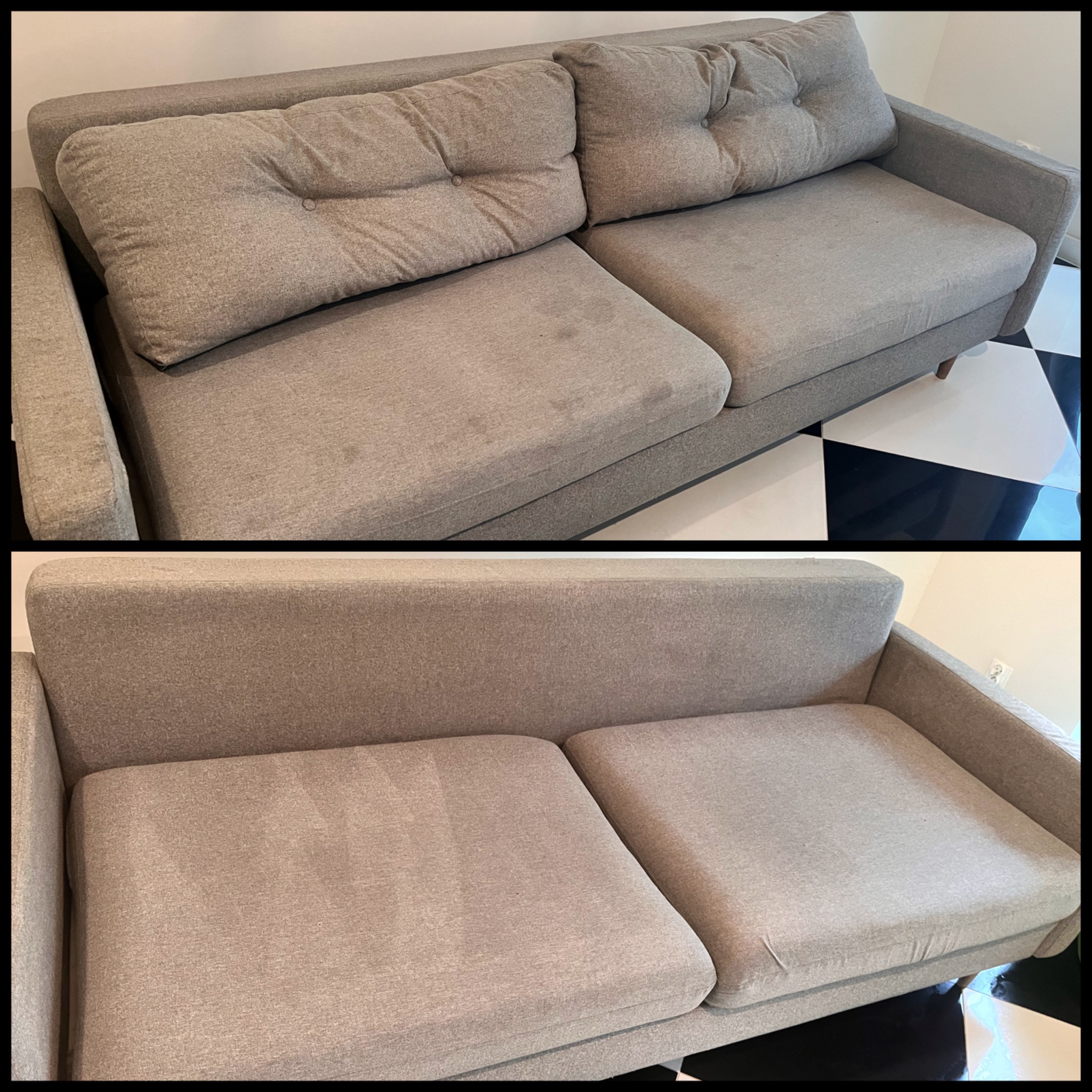 Dwuetapowe ujęcie sofy: górne pokazuje plamy na jasnoszarej tapicerce, dolne prezentuje sofę po czyszczeniu, z widoczną różnicą w odświeżonym kolorze i braku zabrudzeń.