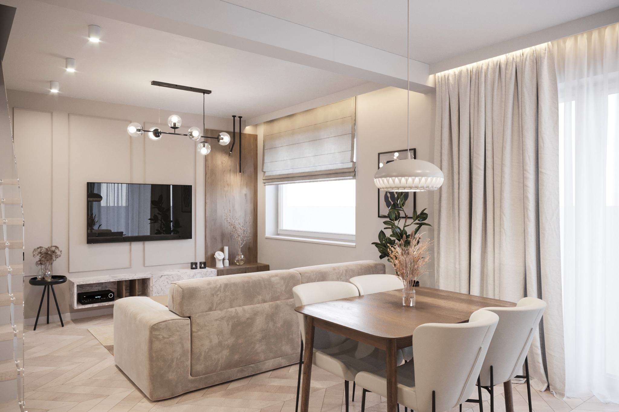 Salon z beżową sofą, drewnianym stołem z białymi krzesłami, telewizorem na ścianie i dekoracyjnym oświetleniem, na podłodze parkiet w jodełkę.