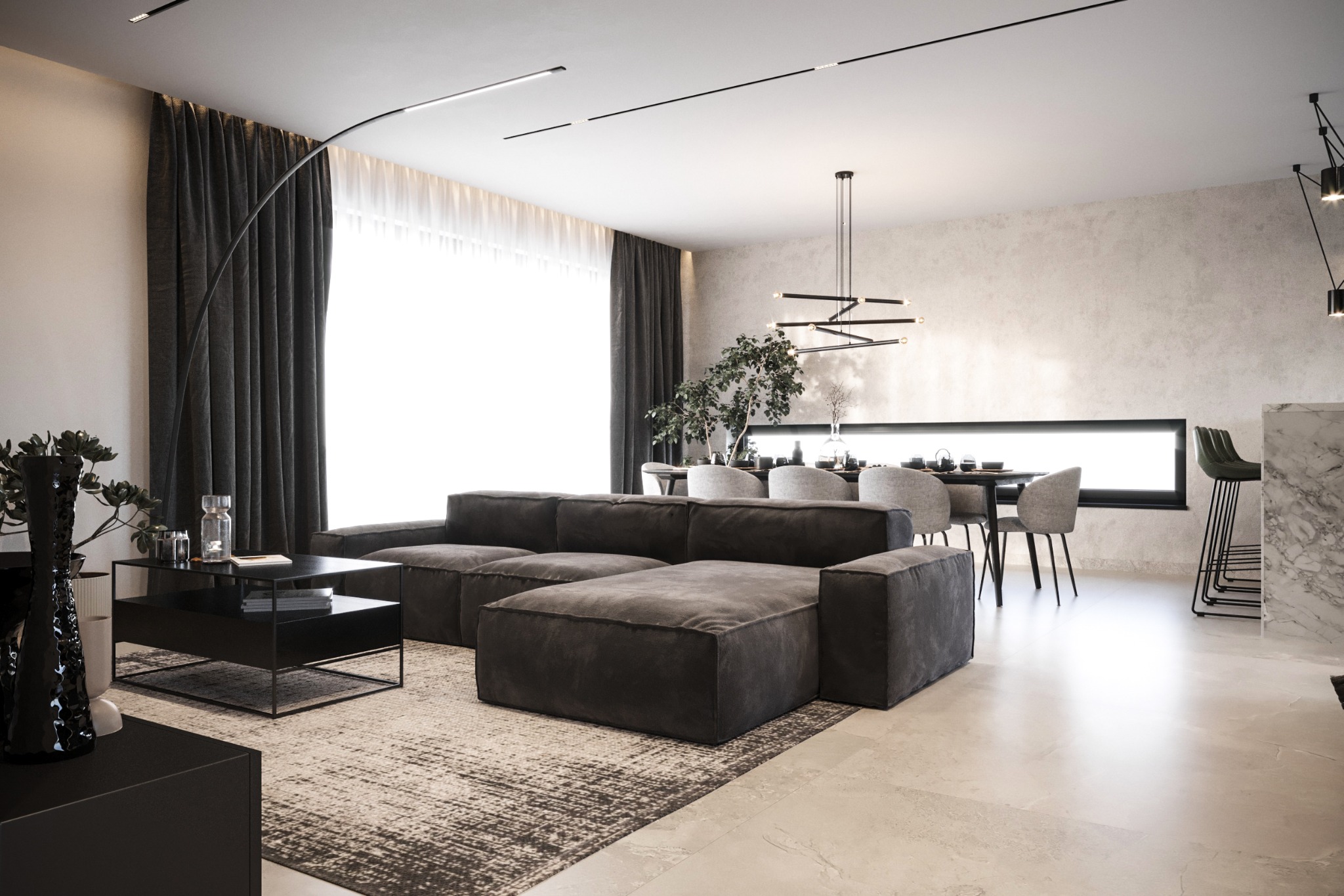 Nowoczesne wnętrze salonu w Brzesku z dużą, modułową sofą w odcieniach szarości, czarnym stolikiem kawowym z dekoracjami, jadalnią z minimalistycznym oświetleniem oraz dużym oknem z zasłonami.