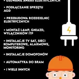 Grafika reklamowa usług elektrycznych: lista usług, schematyczna wtyczka elektryczna, uśmiechnięty elektryk w kasku trzymający śrubokręt, numer telefonu kontaktowego.