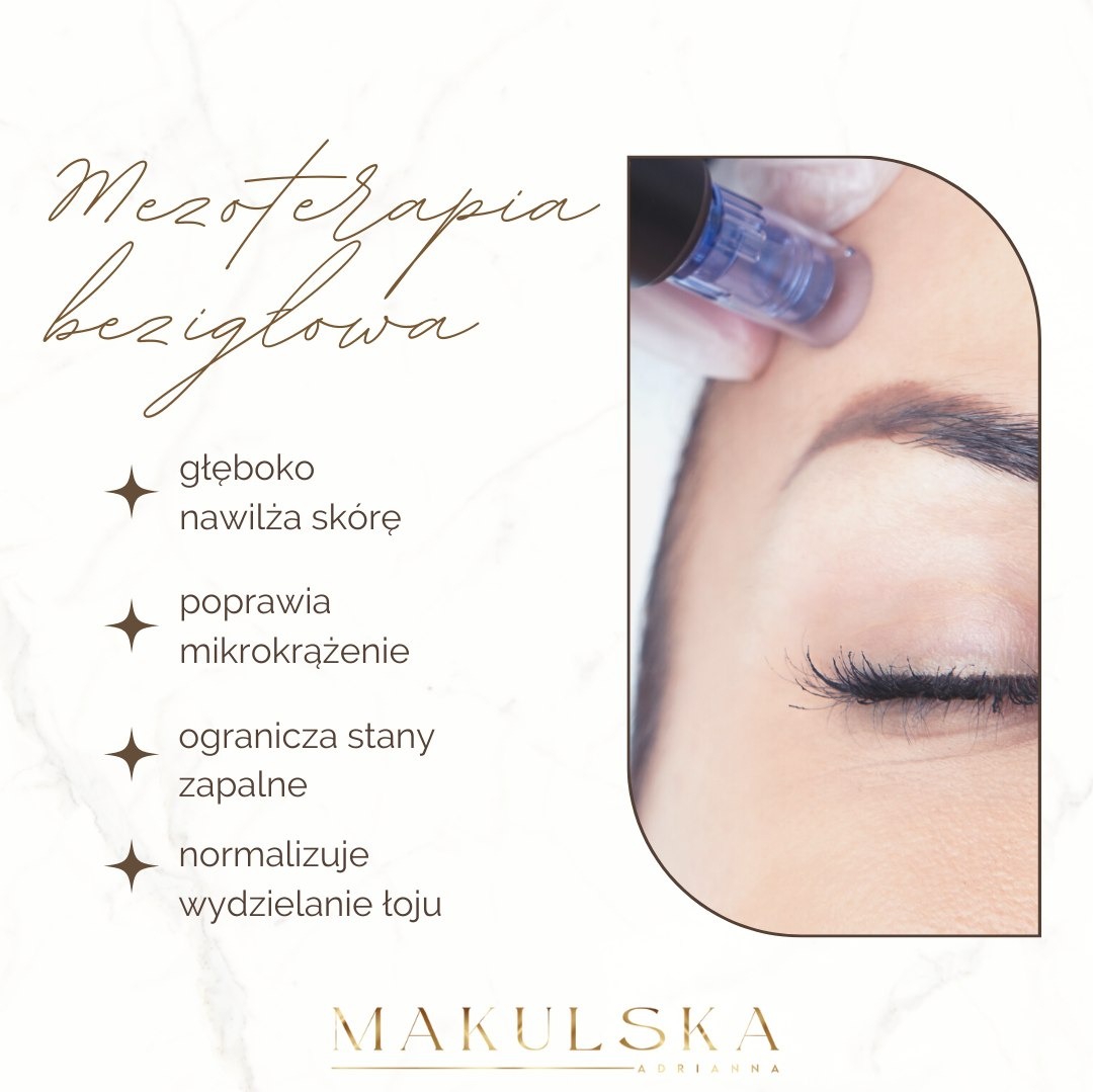 Bezigłowa mezoterapia: zbliżenie na skórę twarzy podczas zabiegu, widoczny aplikator w dłoni kosmetologa. Reklama salonu Makulska Adrianna, podkreślająca głębokie nawilżenie, poprawę mikrokrążenia,...