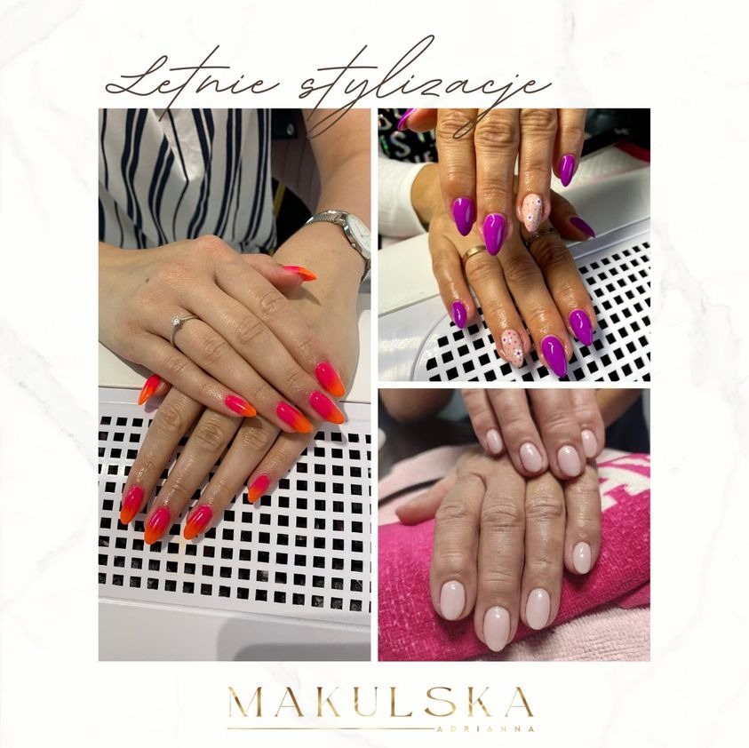 Kolaż prezentujący trzy różne stylizacje paznokci: neonowy pomarańczowy gradient, intensywny fiolet z akcentami w kropki oraz delikatny beż na krótkich paznokciach, z logo salonu w dolnej części.