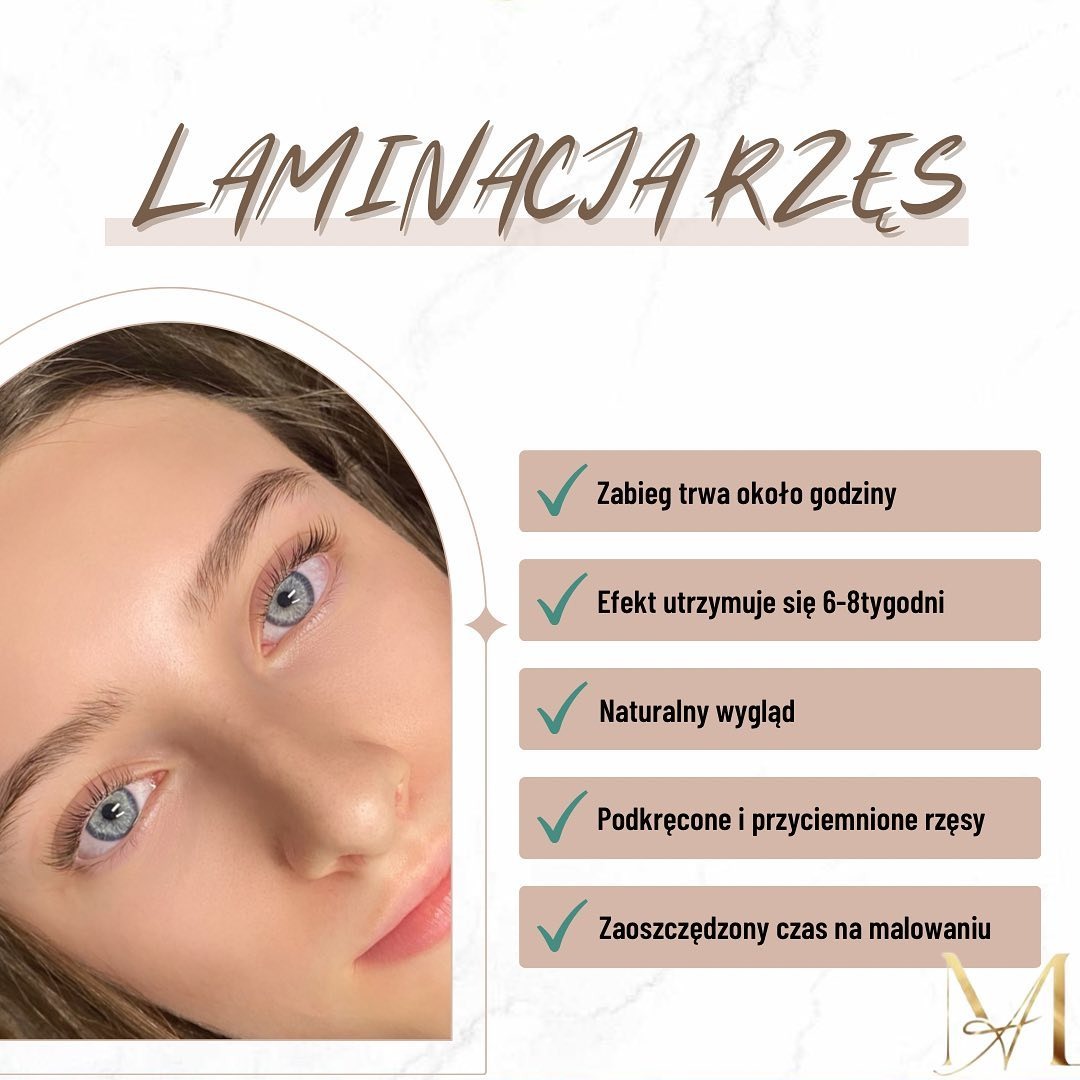 Grafika reklamowa laminacji rzęs: zbliżenie na oko modelki z widocznymi efektami zabiegu, podkreślone, naturalnie wyglądające rzęsy. Obok wypunktowane korzyści zabiegu: oszczędność czasu...