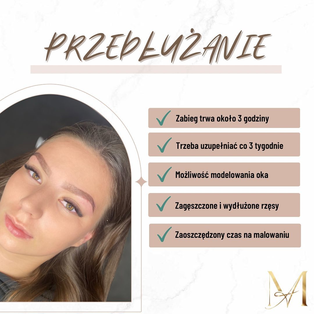 Portret kobiety z przedłużonymi rzęsami i zaznaczonymi brwiami, obok informacje o zabiegu przedłużania rzęs i logo firmy.