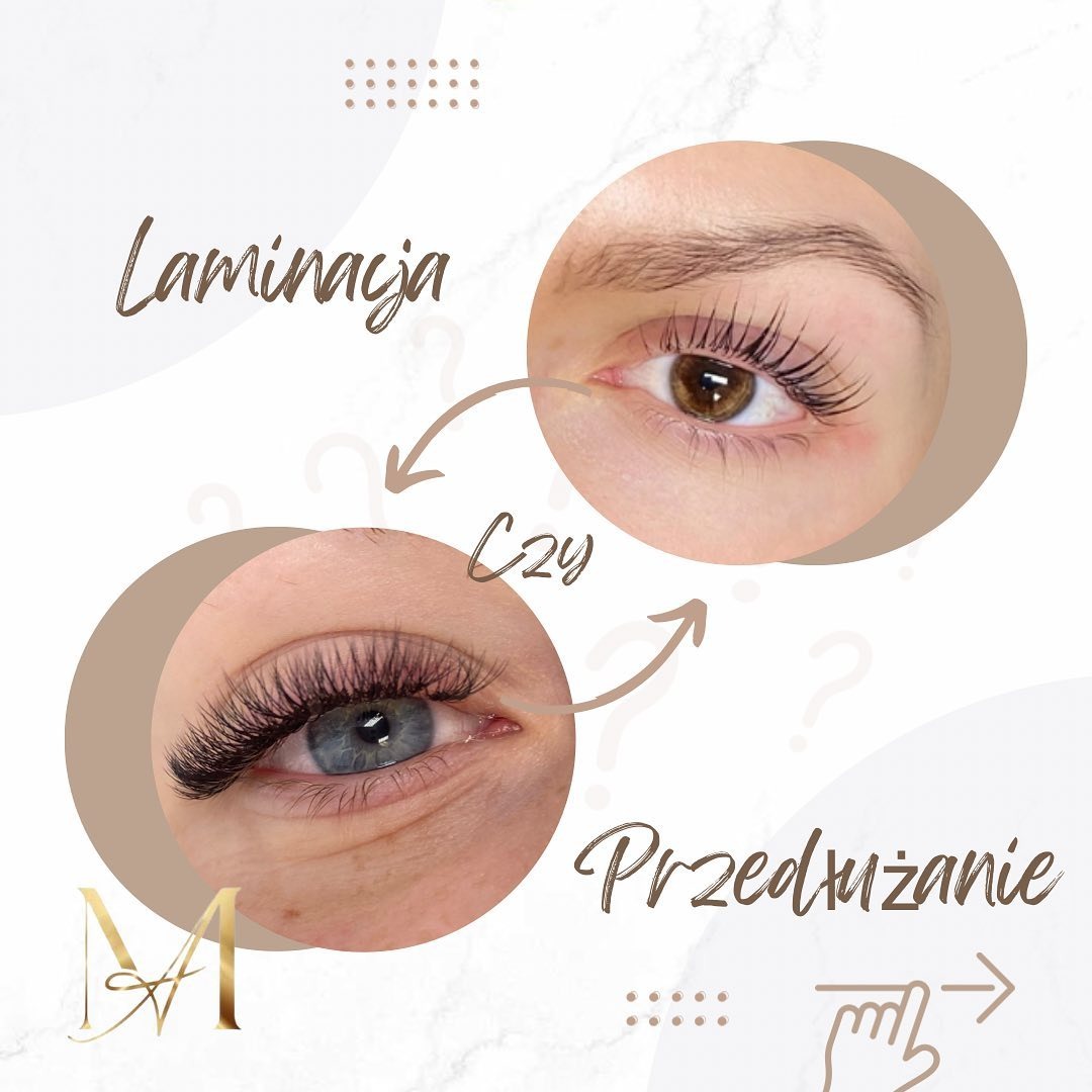 Grafika porównująca efekt laminacji rzęs (rzęsy naturalne, brązowe oko) i przedłużania rzęs (rzęsy sztuczne, niebieskie oko) na białym tle z elementami graficznymi.