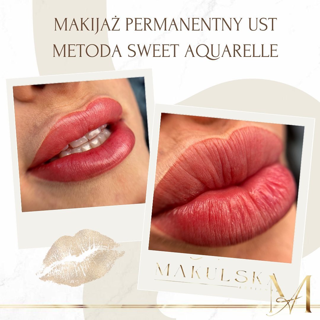 Dwa zbliżenia na usta po makijażu permanentnym metodą Sweet Aquarelle, prezentacja efektu przed i po zabiegu, złoty odcisk ust jako element graficzny.