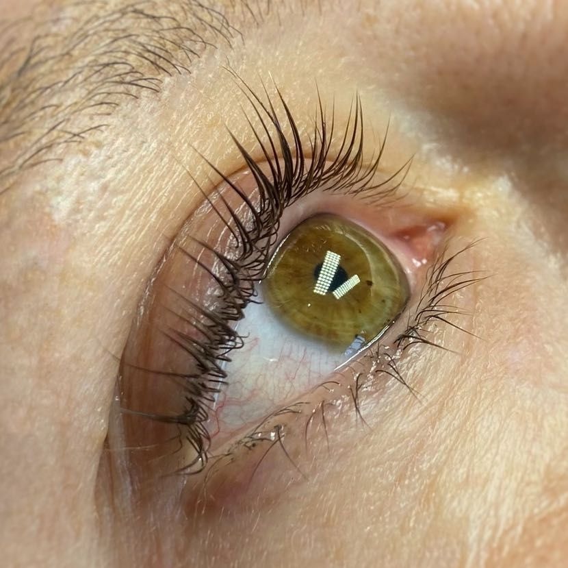 Zbliżenie na oko z widocznymi, świeżo podkręconymi rzęsami i delikatnym refleksem światła na tęczówce.