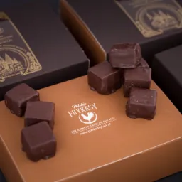 Czekoladowe trufle w brązowych i pomarańczowych pudełkach z logo 'Polskie Frykasy' i 'Trufle Czekoladowe', ułożone na sobie i wokół pudełek.