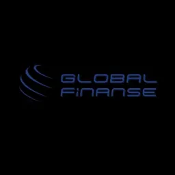 Niebieskie logo firmy 'Global Finanse' na czarnym tle, z graficznym symbolem przypominającym globus z trzema liniami.