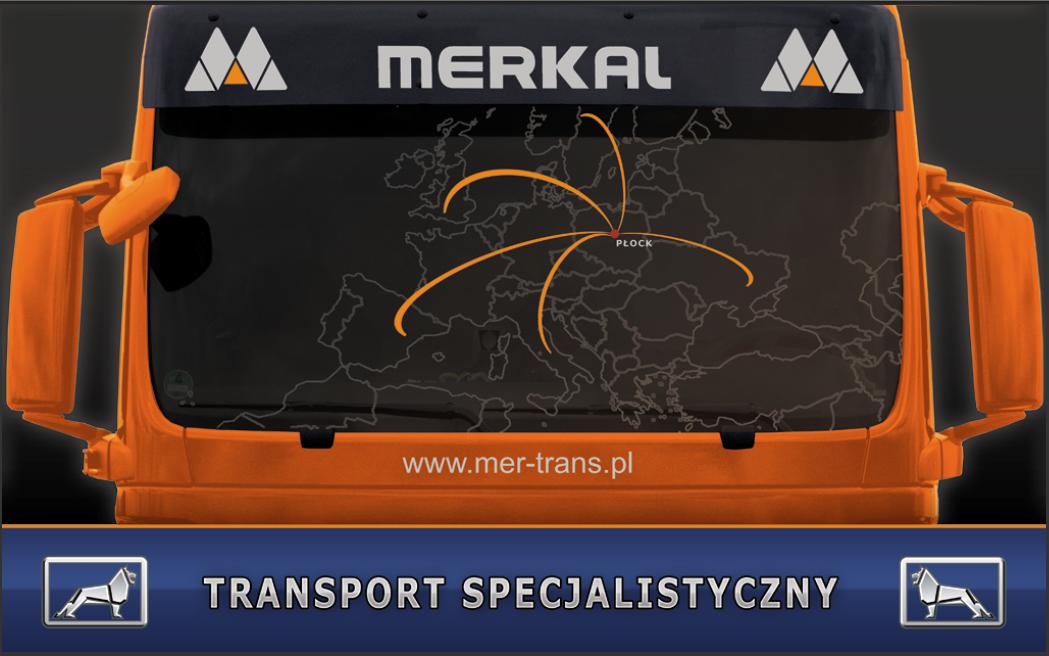 Pomarańczowa kabina ciężarówki Merkal z mapą Europy i zaznaczonymi trasami transportowymi wychodzącymi z Płocka, widoczne logo firmy i adres strony internetowej.