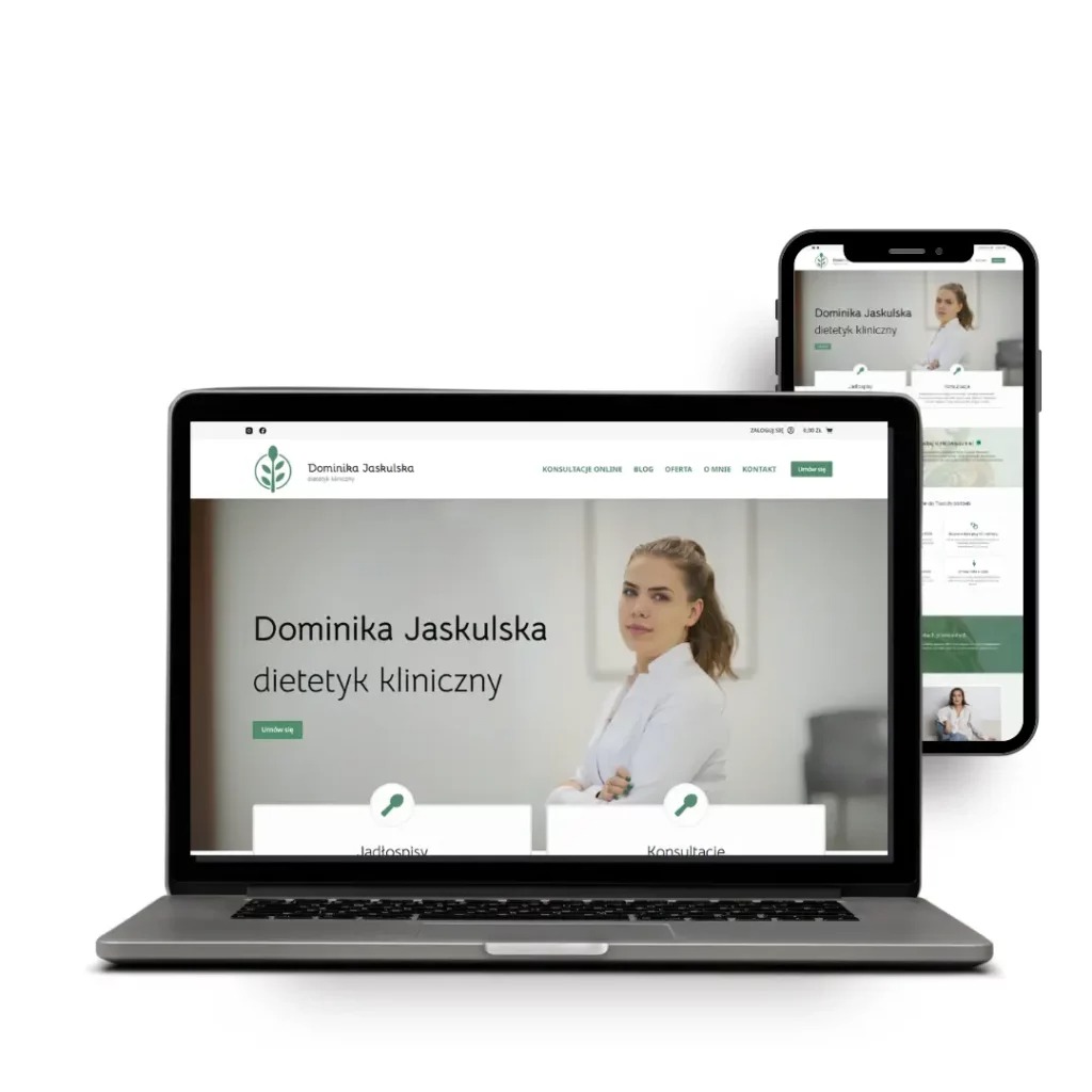 Responsywna strona WWW dietetyka klinicznego Dominiki Jaskulskiej na laptopie i smartfonie, z zielonym logo i minimalistycznym designem.